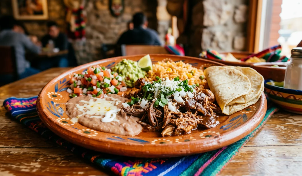 A plate of carnitas with rice, refried beans, pico de gallo, guacamole and warm tortillas.