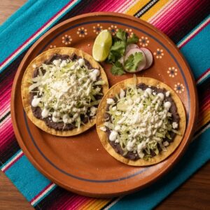 Two flat crisp tostadas topped with refried beans, lettuce, cheese and sour cream, on a terracotta clay plate.
