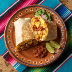 A burrito cut in half showing scrambled egg, potato, cheese and chorizo, on a terracotta clay plate.