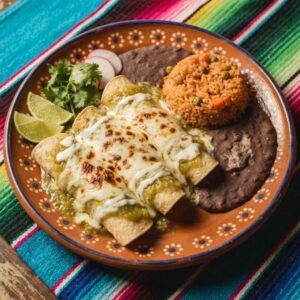 Three rolled chicken enchiladas under green tomatillo sauce and melted cheese, with rice and beans, on a terracotta clay plate.