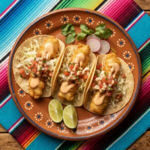 Three fish tacos with battered fish, cabbage, pico de gallo and chipotle sauce, on a terracotta clay plate.