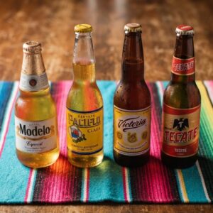 Four bottles of Mexican beer in a row: Modelo, Pacífico, Victoria and Tecate.