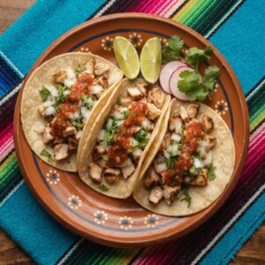 Three chicken street tacos on soft corn tortillas with onion, cilantro and red salsa, on a terracotta clay plate.