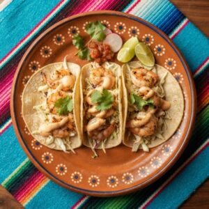 Three shrimp tacos with grilled shrimp, cabbage and chipotle sauce, on a terracotta clay plate.
