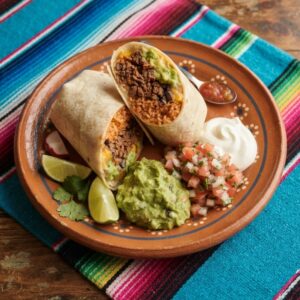 A burrito cut in half showing meat, rice, beans and cheese, with pico de gallo, guacamole and sour cream, on a terracotta clay plate.