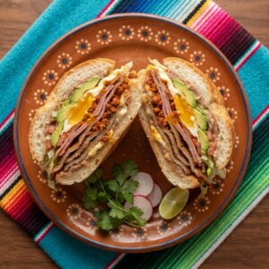 A tall stacked torta cut in half, filled with breaded steak, ham, chorizo, cheese and a fried egg.