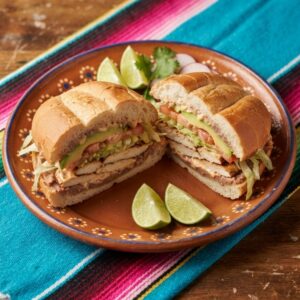A torta on a telera roll cut in half, filled with grilled chicken, chipotle mayonnaise, avocado, lettuce and tomato.