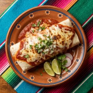 A whole burrito smothered in red salsa and melted cheese with onion and cilantro, on a terracotta clay plate.
